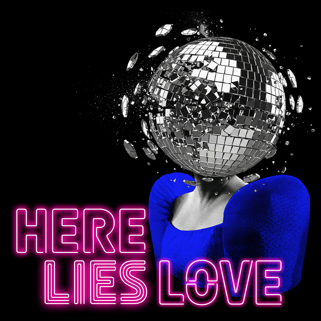 Here Lies Love, image of women with a shattering disco ball as a head. 