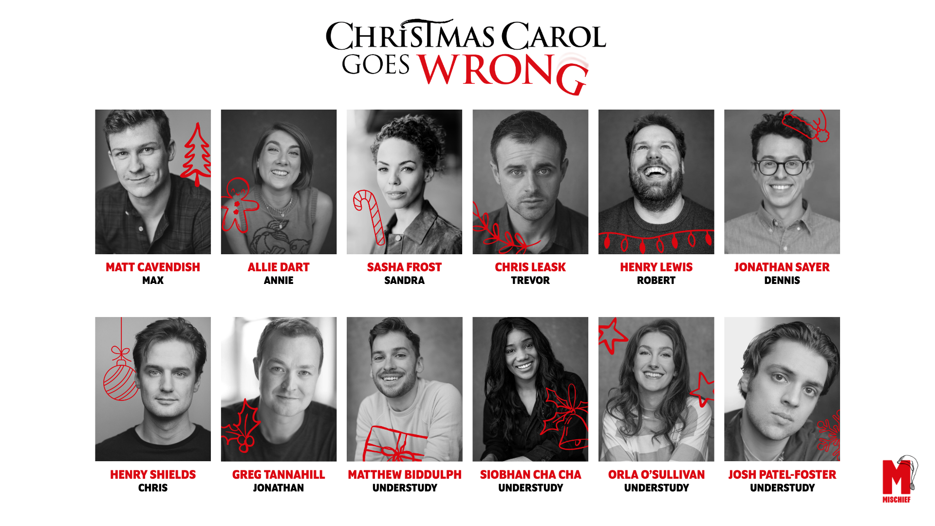 Cast promotional graphic for Christmas Carol Goes Wrong, featuring 12 black-and-white cast headshots with names and character roles, decorated with red holiday illustrations.